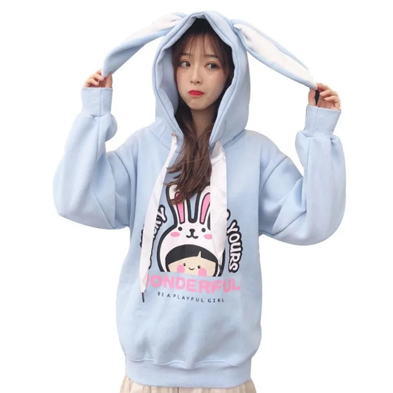 Kawaii толстовки для девочек кролик длинное ухо Sudadera мультфильм печати Толстовка для женщин зима плюс бархат Теплый пуловер топ размера плюс 2XL