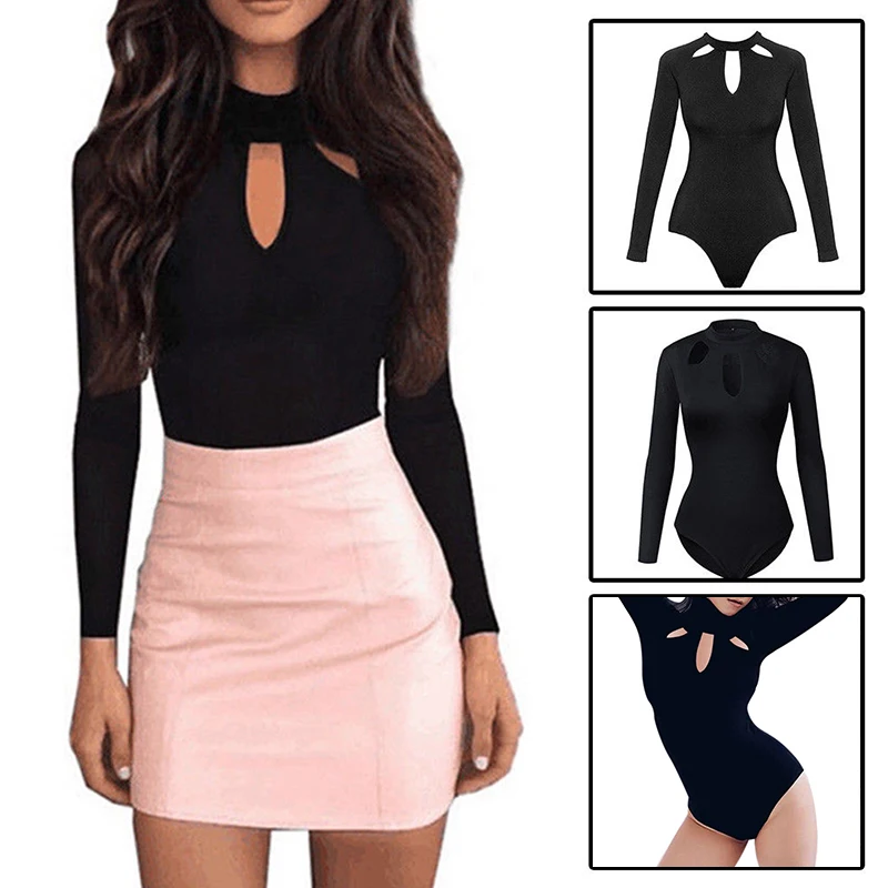 Women's Bodysuit Long Sleeve O-Neck Stretch Leotard Tops Long Sleeve Jumpsuit Women's Clothes Ladies Elegant OL Black Body Suit