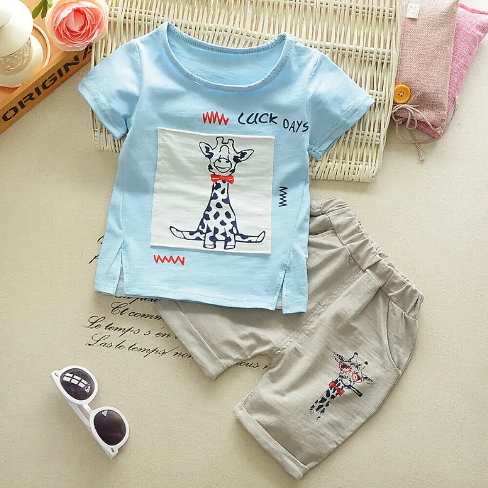 Summer Casual Sky Blue Toddler Kids Baby Boy Giraffe Print Tops T Shirt