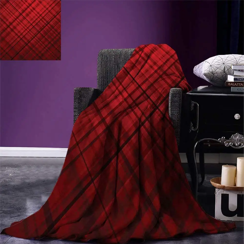 

Red and Black Throw Blanket Scottish Kilt Design Pattern with Stripes Lines Squares Ombre Image Warm Microfiber