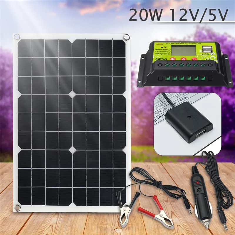 

Hot Sale 20W 12V/5V Solar Panel USB Charger For Phone Lighting RV Car Boat Voiture Bateau +12/24V Solar Controller