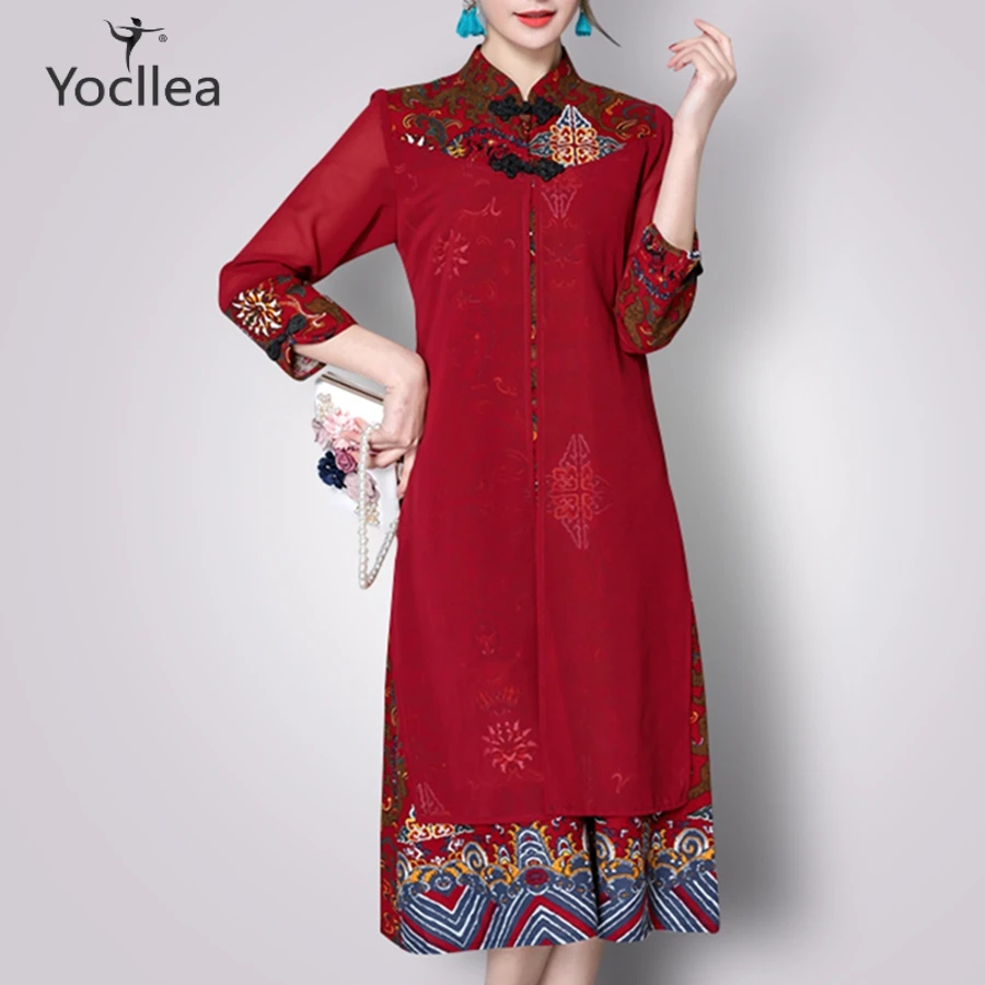 

Spring Autumn Faux Two pieces Women dress Elegant lady A-Line Dress Chinese Print Cotton Linen dresses Red Qipao women's clothes
