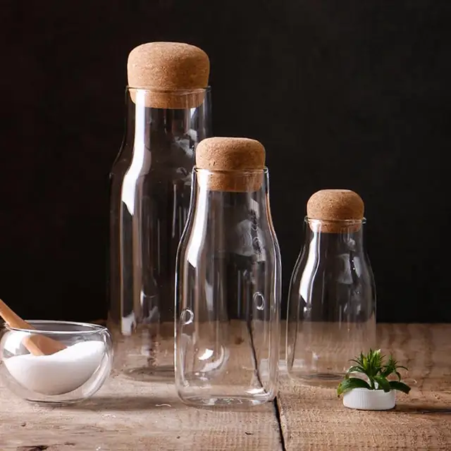 Creative Transparent Glass Water Juice Milk Bottle Clear Heat-resisting Milk Juice Water Glass Bottle with Wooden Stopper 2