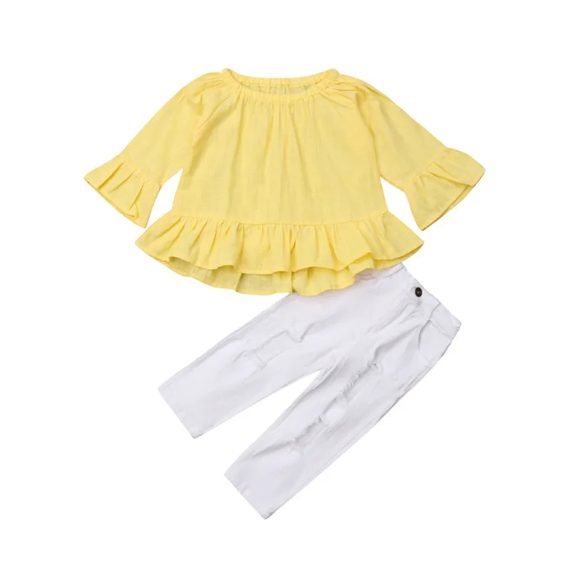 Toddler Kids Baby Girl Clothes Set Autumn Long Sleeve Yellow Pleated