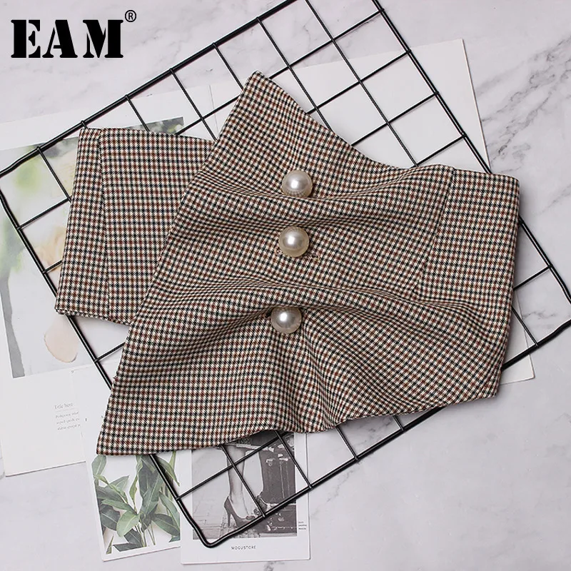 

[EAM]2019 Spring Woman High Quality Temperament Stylish Solid Color Spliced Imitate Pearl Pleated Wide Waistbelt All Match LI318