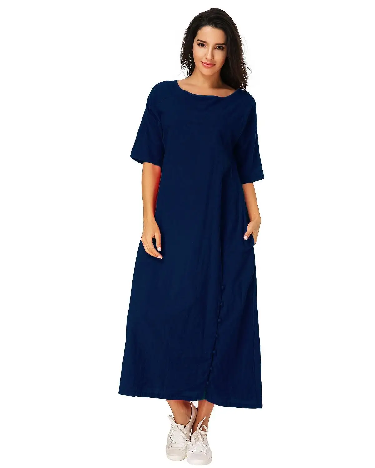 Vintage Mid-calf Dress Women 2019 Summer Casual Loose O Neck Half Sleeve Solid Vestidos Elegant Lad