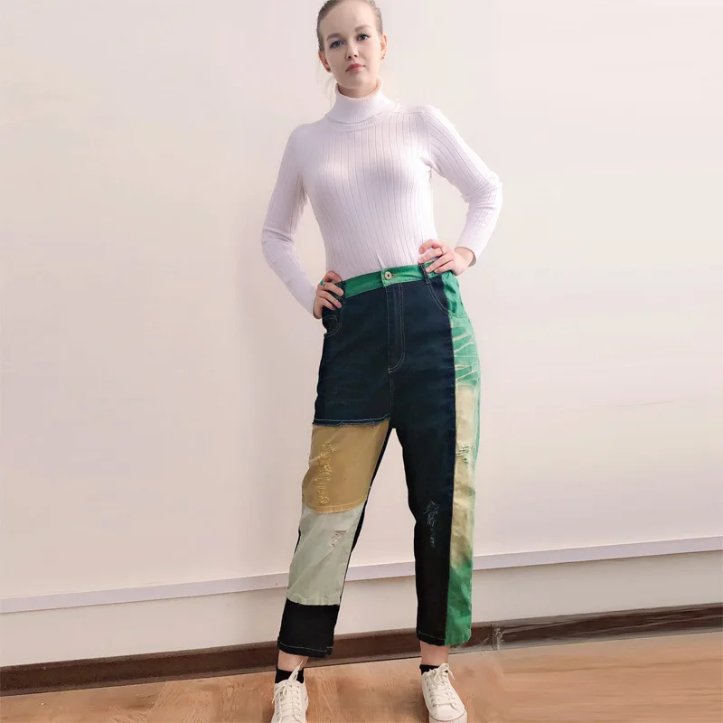 Лоскутные Джинсовые широкие брюки для женщин, плюс размер, эластичные джинсы до талии, джоггеры, Boho хиппи, заниженная промежность, ковбойские штаны-шаровары