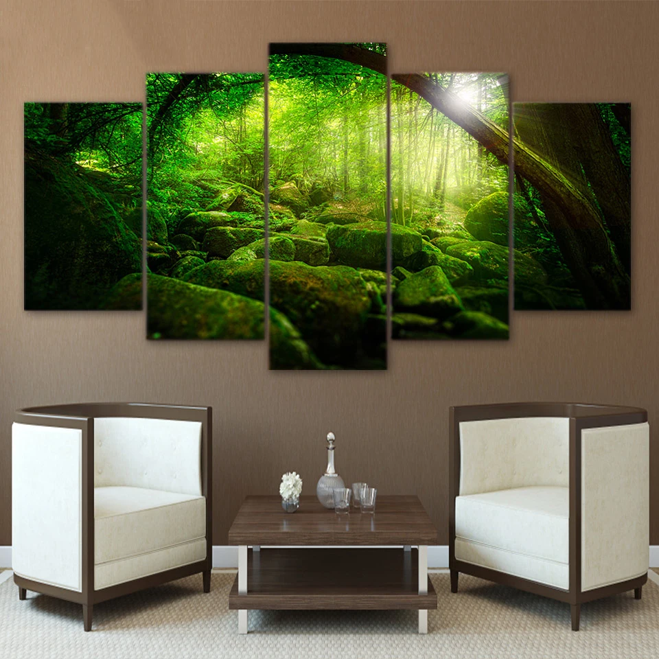 

Canvas Framework Wall Art Poster Modern Home Decoration 5 Panel Green Forest Living Room HD Print Modular Pictures Painting