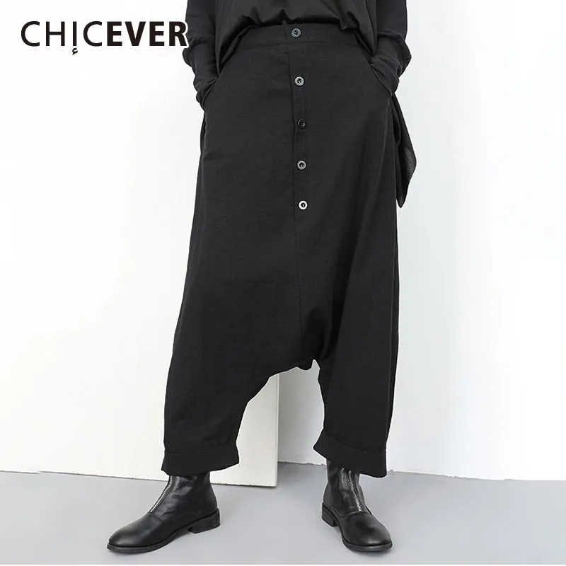

CHICEVER Spring Women Pants Elastic Waist Patchwork Button Pockets Loose Mid Pleated Female Cross Pants 2019 Fashion New