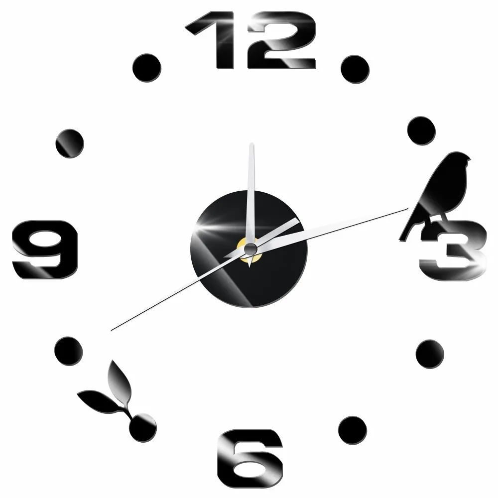 

Digital Number Birds Leaves Diy Wall Clock Acrylic Reflective Self Adhesive Wall Clock Modern Home Decor 3d Wall Clock