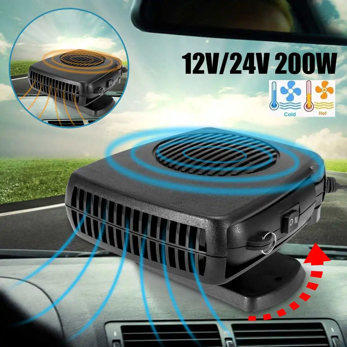 

12V/24V 150-200W Air Cooler Fan New 10 Grip Car Heater Windscreen Demister Defroster Auto Heating Cooling Window Driving Protabl