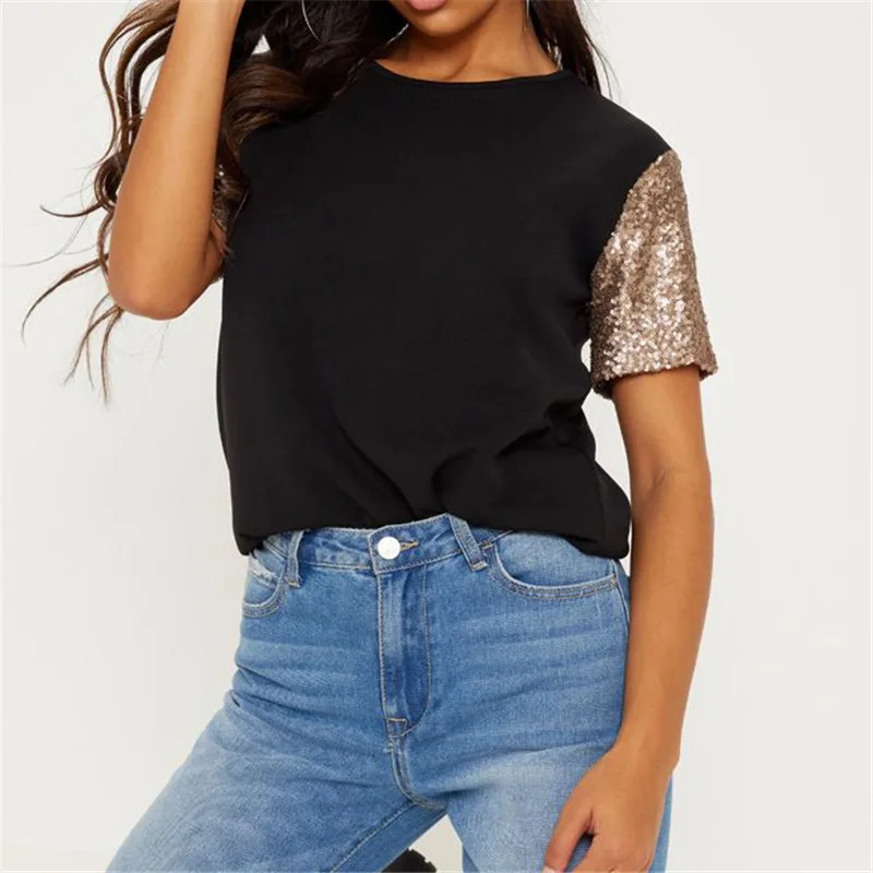 

2019 T Shirt Women Summer Fashion Patchwork Sequined O-Neck T-shirt Casual Loose Basic Shirt Short Sleeve Tops Tees Camisa