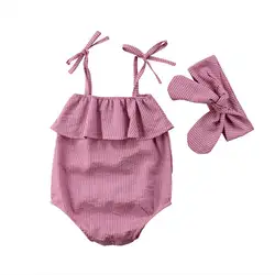 Комплект из 2 предметов для маленьких девочек; стильное боди в полоску с принтом на лямках гофрированная Роба + повязка на голову, пляжный