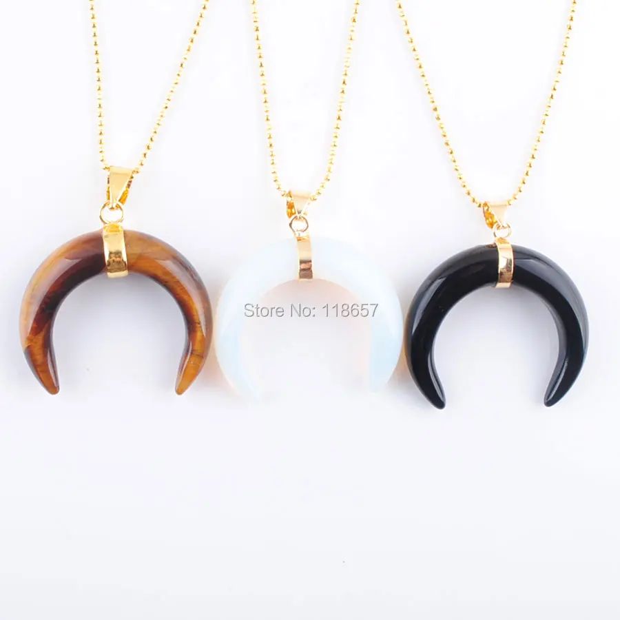 

YOWOST Natural Lapis Lazuli Tigers Eye Opalite Rose Quartzs Stone Crescent Moon Gold Color Pendant Chain Necklace Jewelry IBN328