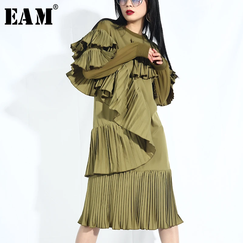 

[EAM] 2019 New Autumn Winter Round Neck Long Sleeve Loose Ruffles Pleated Chiffon Stitch Temperament Dress Women Fashion JO28