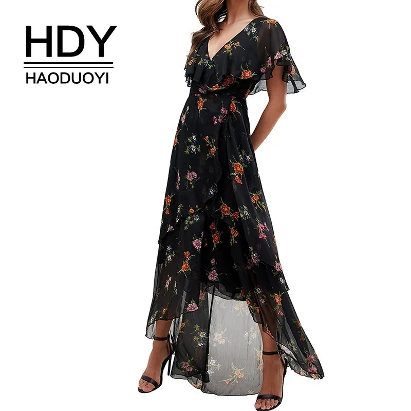 

HDY Haoduoyi 2019 V Collar Sexy Printing Dress Gauze Splicing Lotus Leaf Edge Dresses Butterfly Short Sleeve New summer
