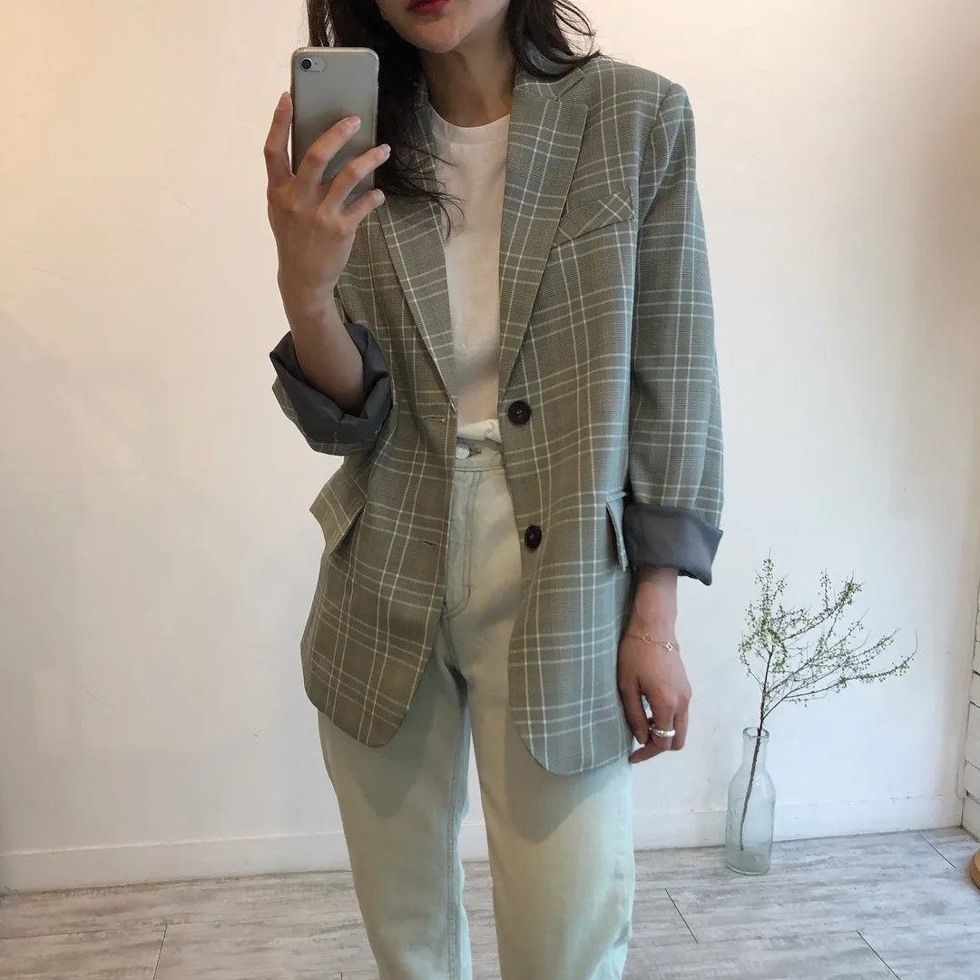 2019 Spring Autumn Loose Casual Blazer Women Single Button Long Sleeve Outerwear Lady Plaid Blazers 2019 Spring Autumn Loose Casual Blazer Women Single Button Long Sleeve Outerwear Lady Plaid Blazers