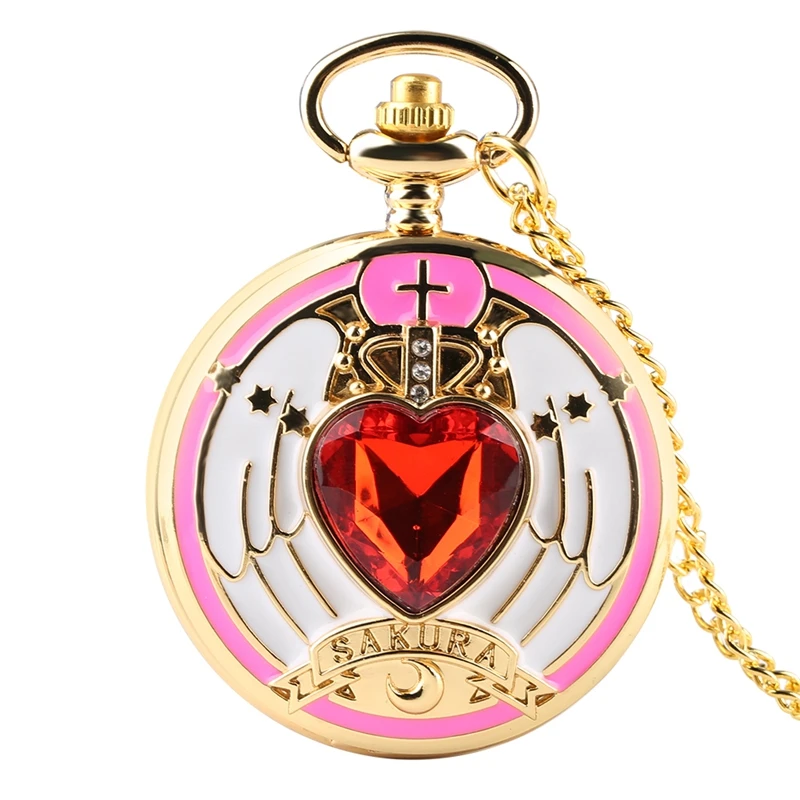 

Luxury Magic Rhinestone SAKURA Quartz Pocket Watch with Gold Necklace Pendant Chain Cosplay Gifts for Girls Student Women Kids