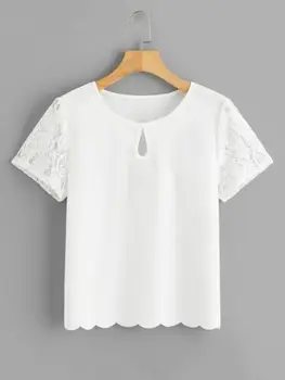 

New Fashion Women V Neck Shirt Blouses Tops Casual Short Lace Sleeve Shirt