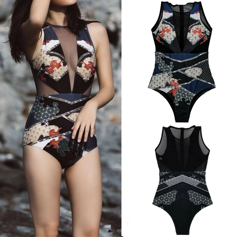 Summer Sexy African Swimwear Ethnic Printed One Piece SwimSuit Beach Bikini Set Scale Mesh Soft Holiday Thong Sexy Swimwears