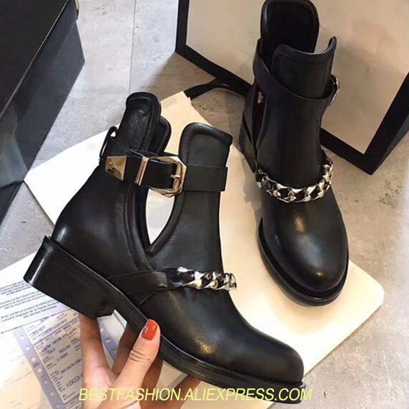 

Mental Chain Brand Martin Boots Woman Fashion Cut Out Black Real Leather Short Boots Ankle Boots Woman Tennis zapatos mujer