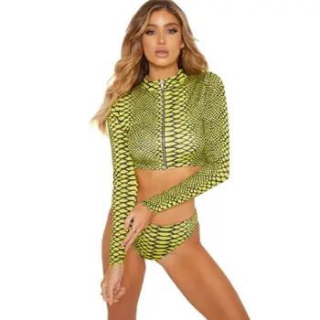 

Women's Summer Zipper Snake pattern Bikini Tops Bottom Set Cobra Long Sleeve suit