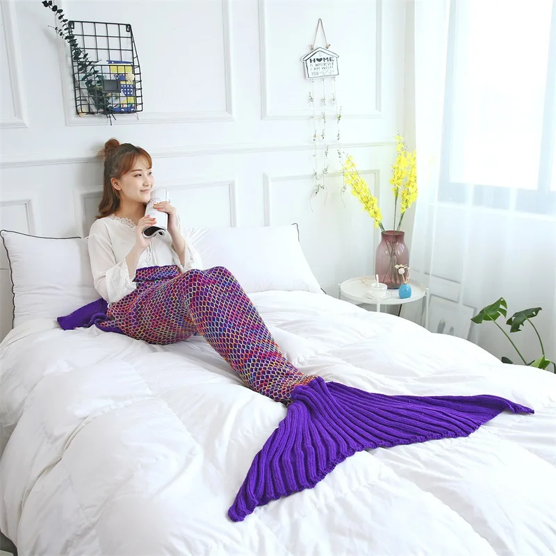 

Winter Warm Cotton Fleece Mermaid Tail Blanket Kid Adults Girls Child Handmade Crochet Knitted Sleeping Wrap TV Yarn Plaid