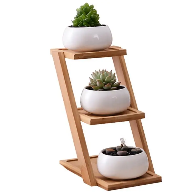 

Succulent Planter with Bamboo Plant Stand Shelf Holds 3pcs Flower Pot Air Planters Holder Planters Stand With Maceta Bonsai Pots