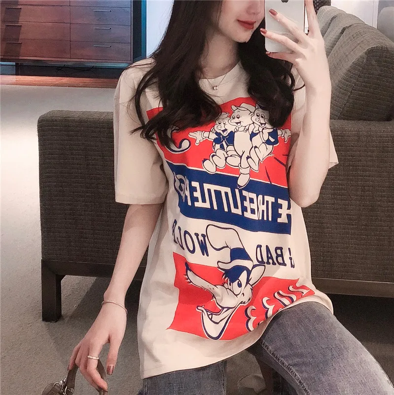 Harajuku Ulzzang Oversize tshirt мультфильм печати короткий рукав футболки корейский стиль Для