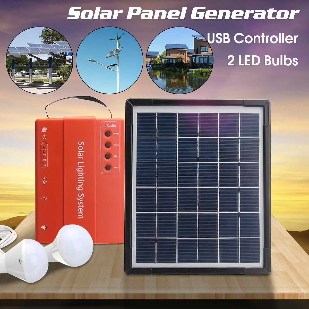 

5W 9V USB Solar Panels Lighting Storage System Portable Outdoor DC Charging Power Bank Generator With 2LED Bulbs Light