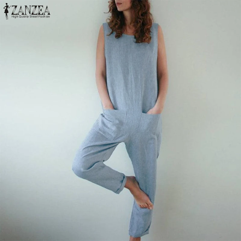 Sebaby Women Solid Wide Linen Casual V Neck Romper Jumpsuit Pants Party Dress