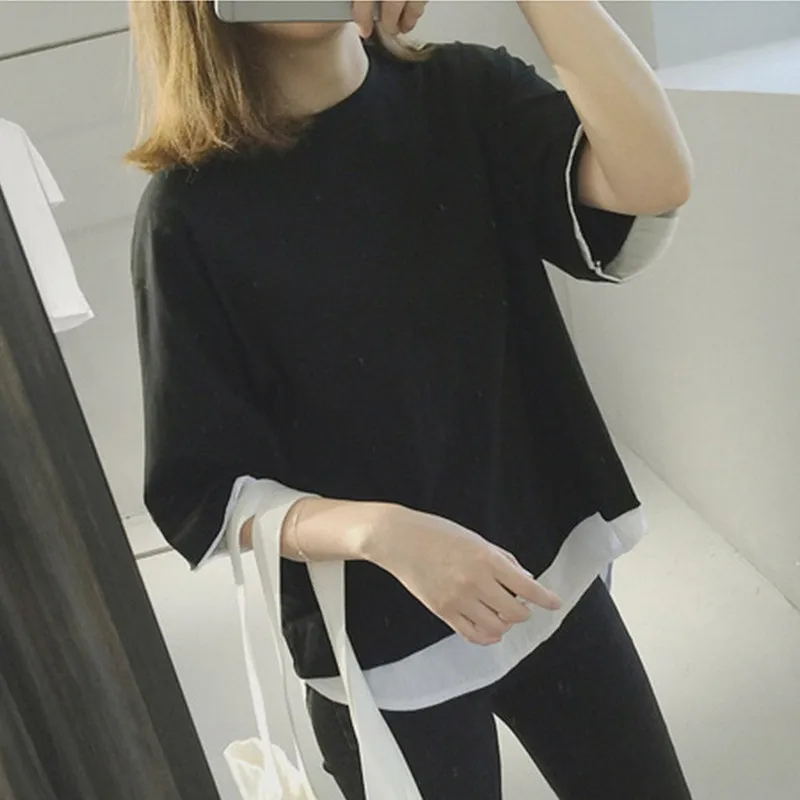 Для женщин поддельные из двух частей Harajuku BF лоскутное свободные безрукавки корейский Стиль Мода Повседневная женская футболка