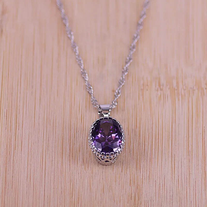Top Quality Exquisite Purple Silver Color Women Wedding Necklace Earring Ring Zircon Crystal Costume Jewelry Sets