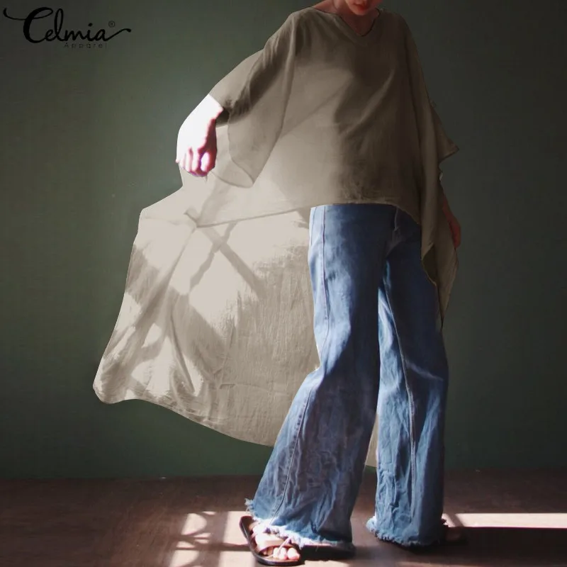 Celmia 2019 الصيف المرأة طويلة قمصان خمر القطن البلوزات V الرقبة جاكيت عارضة الإناث قمصان فضفاضة غير المتماثلة Blusas