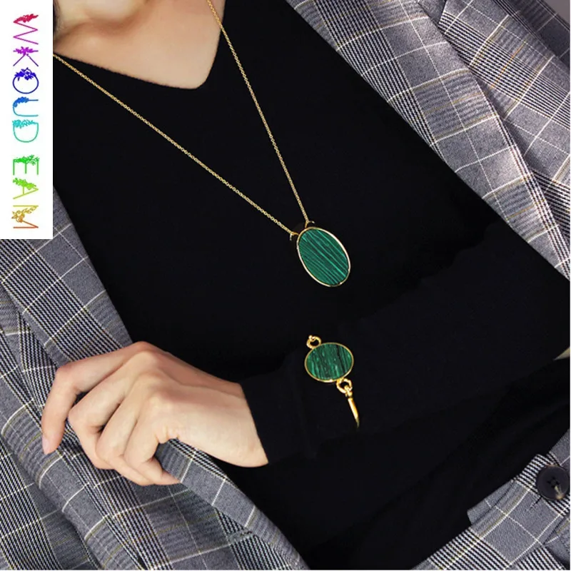 

WKOUD EAM Women 2019 Malachite Pendant Sweater Necklaces Female Fashion Copper-plated Gold Charm Jewelry Party Gift S#TA358