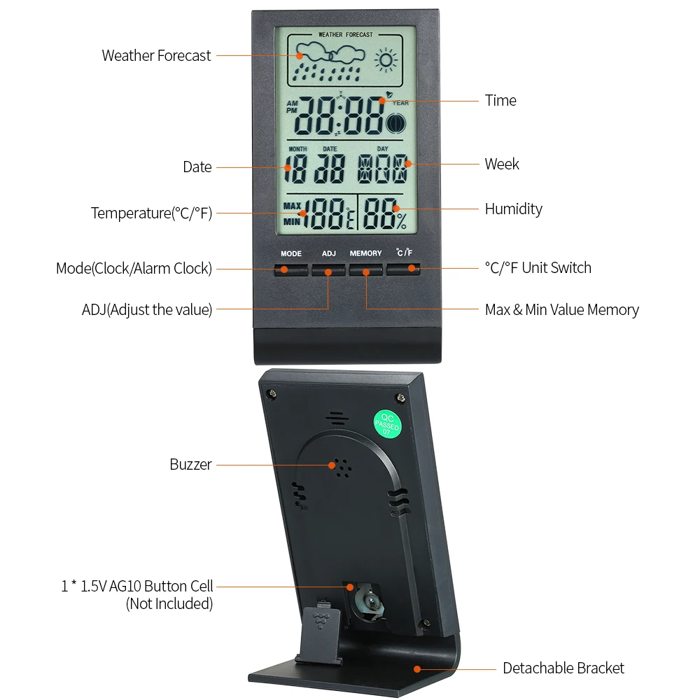 Мини-цифровой термометр, гигрометр для помещений, измеритель температуры и влажности в помещении, часы, прогноз погоды, максимальное минимальное значение, дисплей