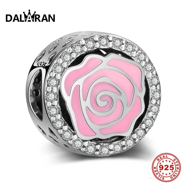 

DALARAN Pink Rose Charms 925 Sterling Silver Beads Fit Charm DIY Bracelet Necklace For Women Jewelry Making Valentine'S Day Gift