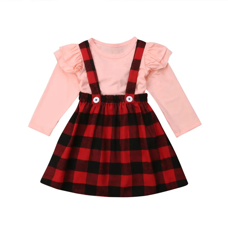 Комплекты одежды для маленьких девочек от 0 до 4 лет рождественские наряды принцессы для девочек осенне-зимняя футболка, комбинезон платье в клетку на бретелях комплект для девочек