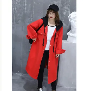 

2019 Spring Women Denim Jacket Outwear Long Sleeve Jeans Plus Size Coat Patchwork Long Hooded Coat