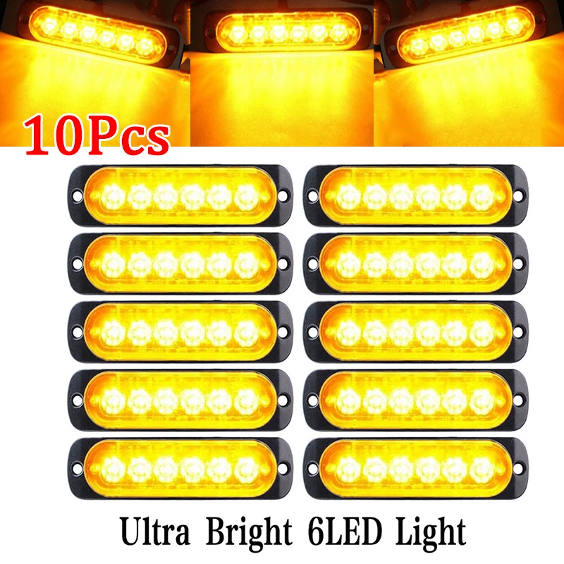 

12V-24V 18W 10pcs Amber 6 LED Car Truck Urgent Warning Fog Working Light Lamp