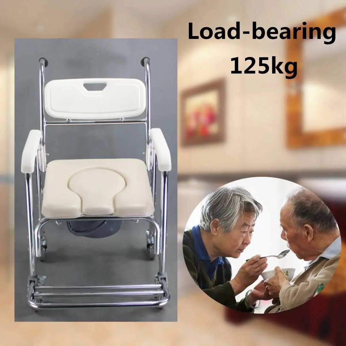 

3-in-1 Commode Wheelchair Bedside Toilet & Shower Seat Bathroom Rolling Chair Elder Folding Chair Aluminum Alloy Waterproof
