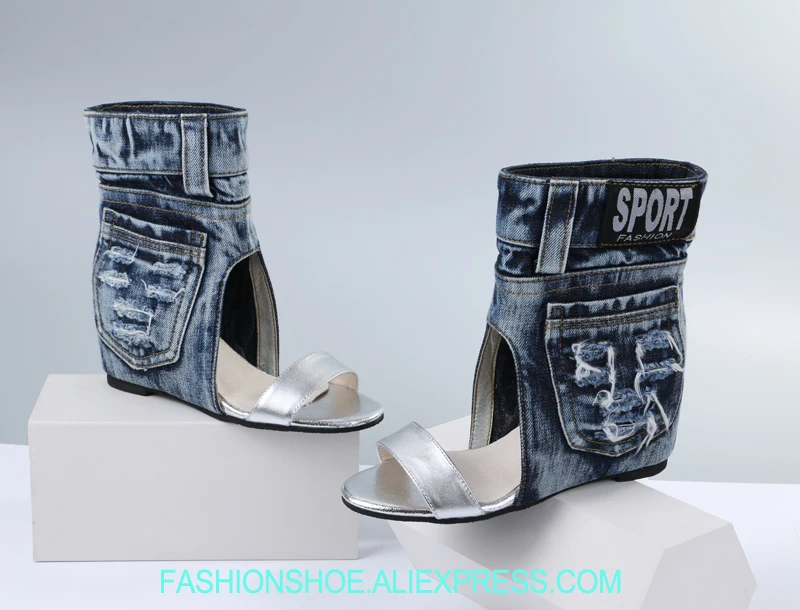 

2019 New Arrival Woman Denim Height Increasing Sandals Vintage Wedding Party Dress Shoes Patchwork Ankle Warp Summer Sandals