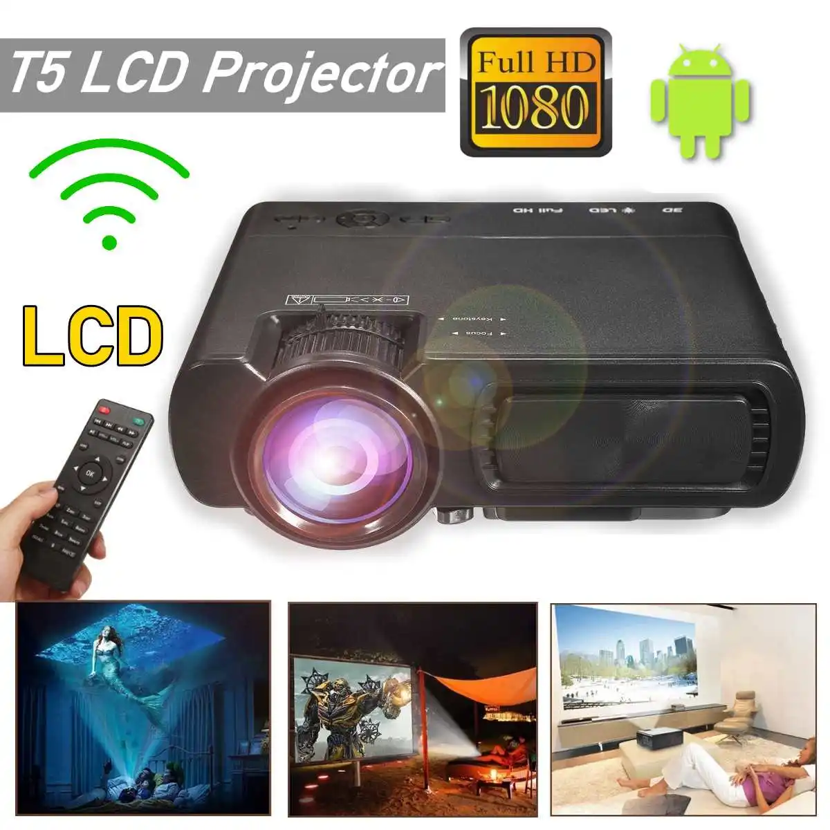 Mini Projector T5 LCD 7000 Lumens 1080P Full HD Wifi bluetooth Home Theater Android 6.0 Audio Speaker Home Theater Cinema