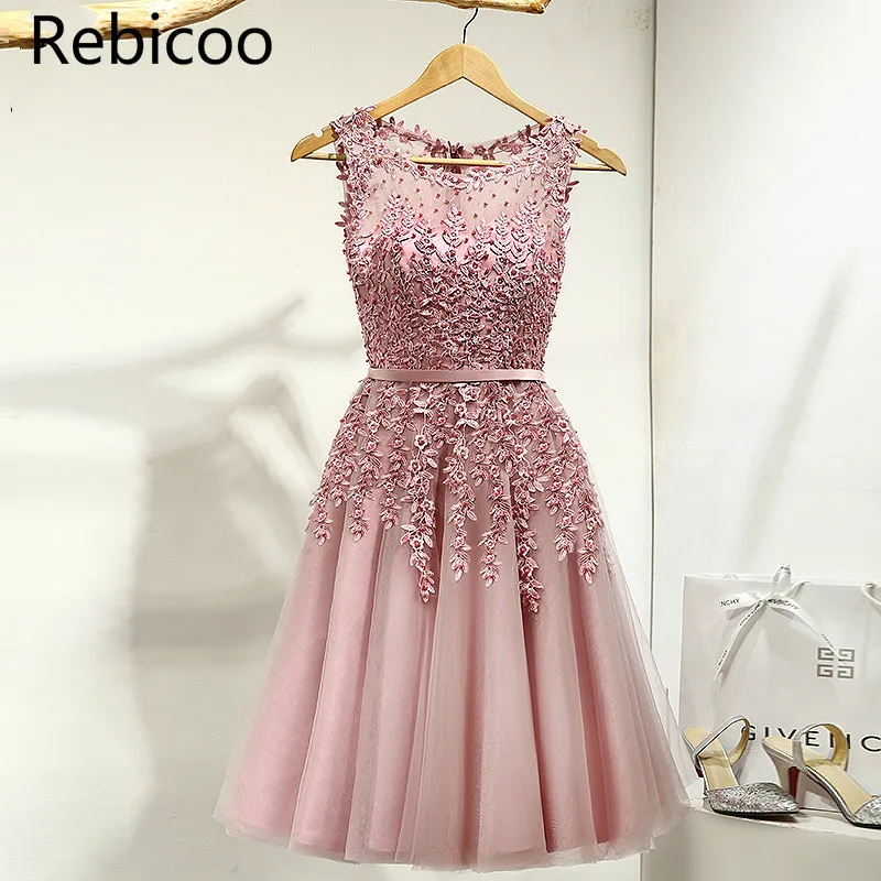 

2019 Hot Sell Elegant Knee Length Women Girls Dresses Appliques Beads Formal Party Dresses Pink Red Light Blue