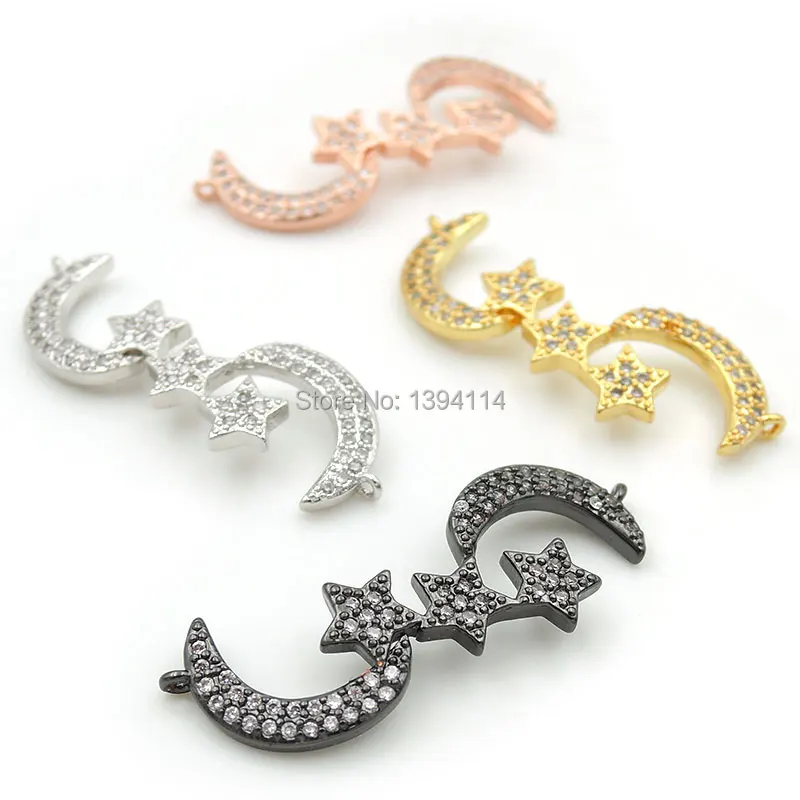 

32*11*2mm Micro Pave Clear CZ Arc Bar Connector Of 3 Stars And 2 Crescents Fit For Women As DIY Bracelets Accessory