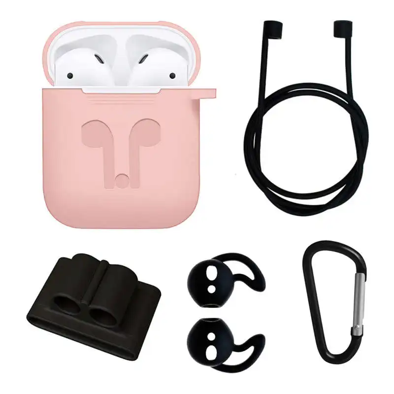 For Apple Airpods Accessories Silicone Cover Case+Anti Lost Strap+Ear Cover Hook 5 In 1