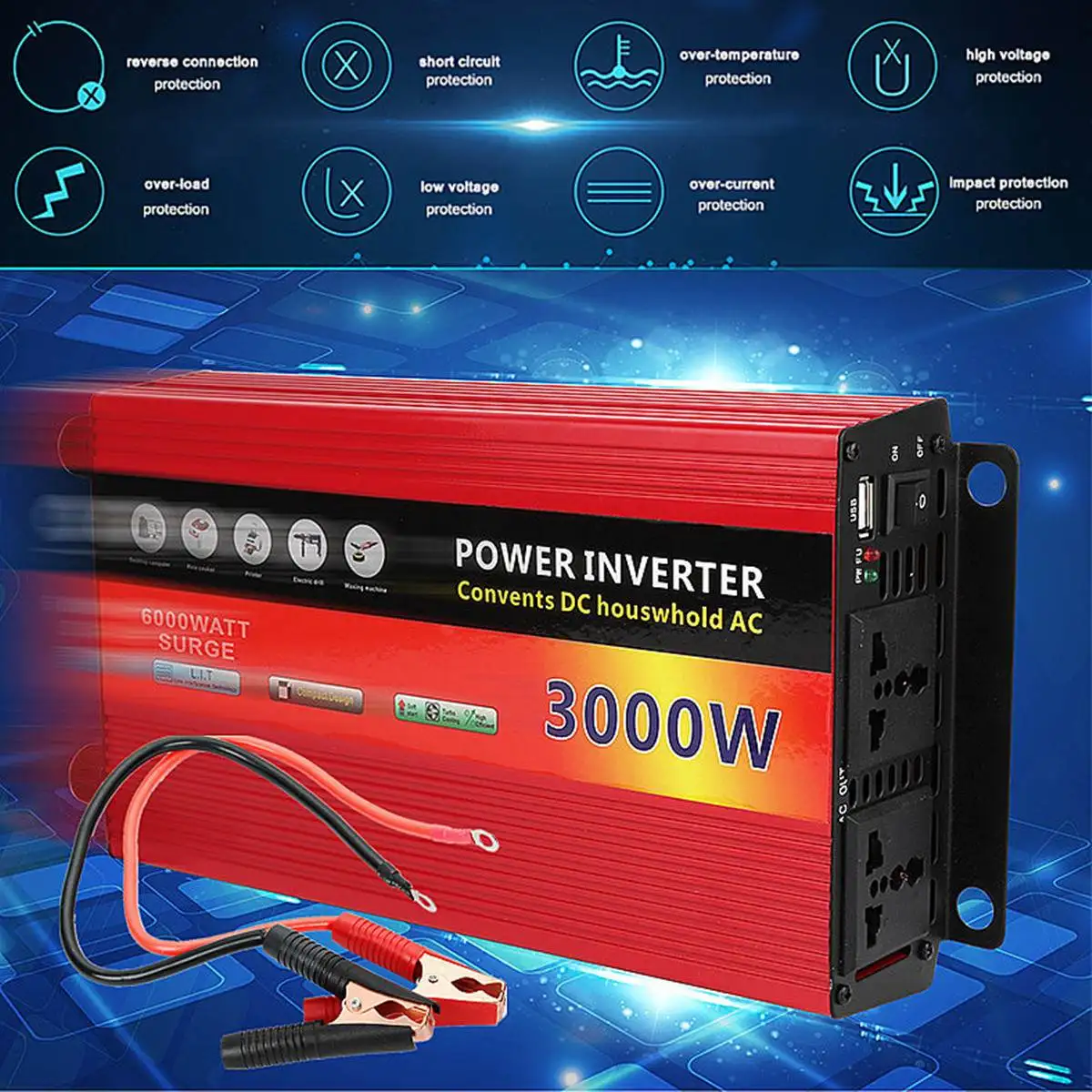 

Car Modified Wave Power Inverter Converter P eak 3000W 12V To 220V 0.9 Efficient Rate Dual Turb Cooling Voltage Transformer