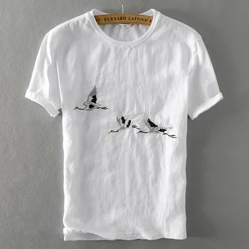 

#4750 Hip Hop White Cotton Linen T Shirt Men Round Neck Short Sleeve T-shirt Male Thin Embroider Streetwear Tops Summer 2019