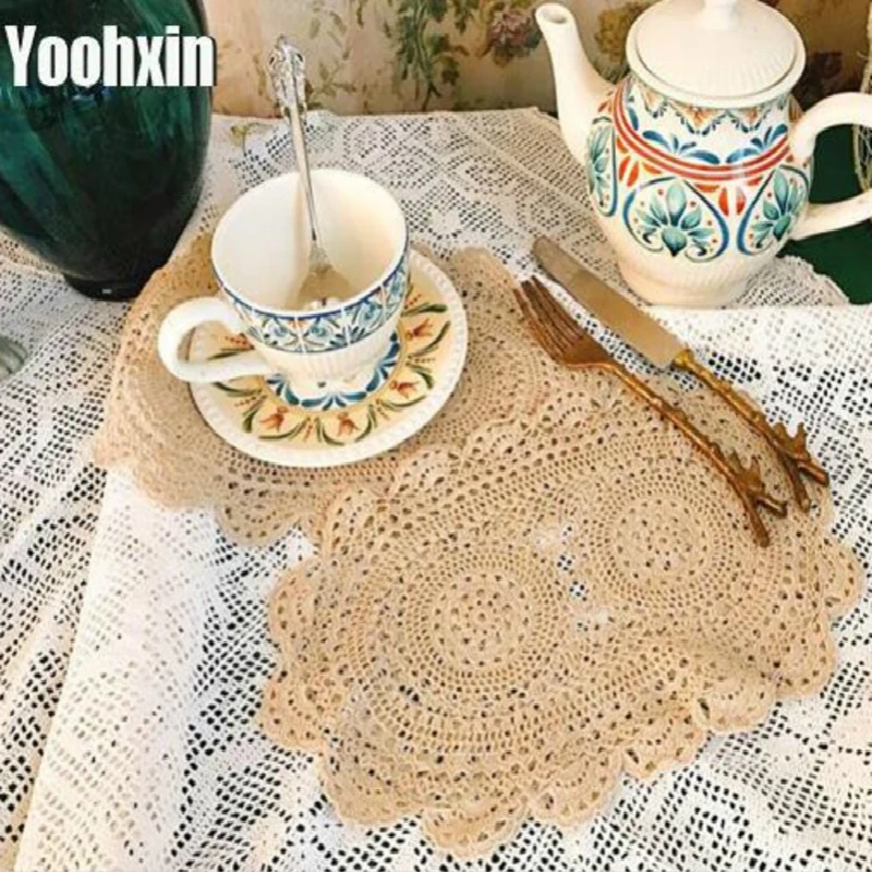

Vintage Handmade Cotton Placemat Cup Coaster Mug Dining Kitchen Table Place Mat Cloth Lace Crochet Flower Drink Doily Tea Pad