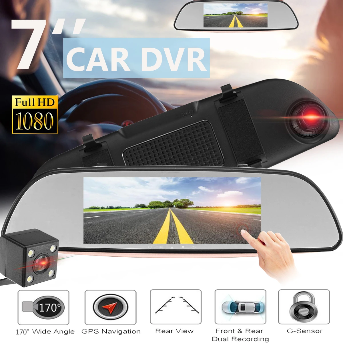 

7 Inch Touch Screen Car DVR Dual Lens Camera Rearview Mirror Video Recorder Dash Cam Auto Portable Recorder + Reverse Camera